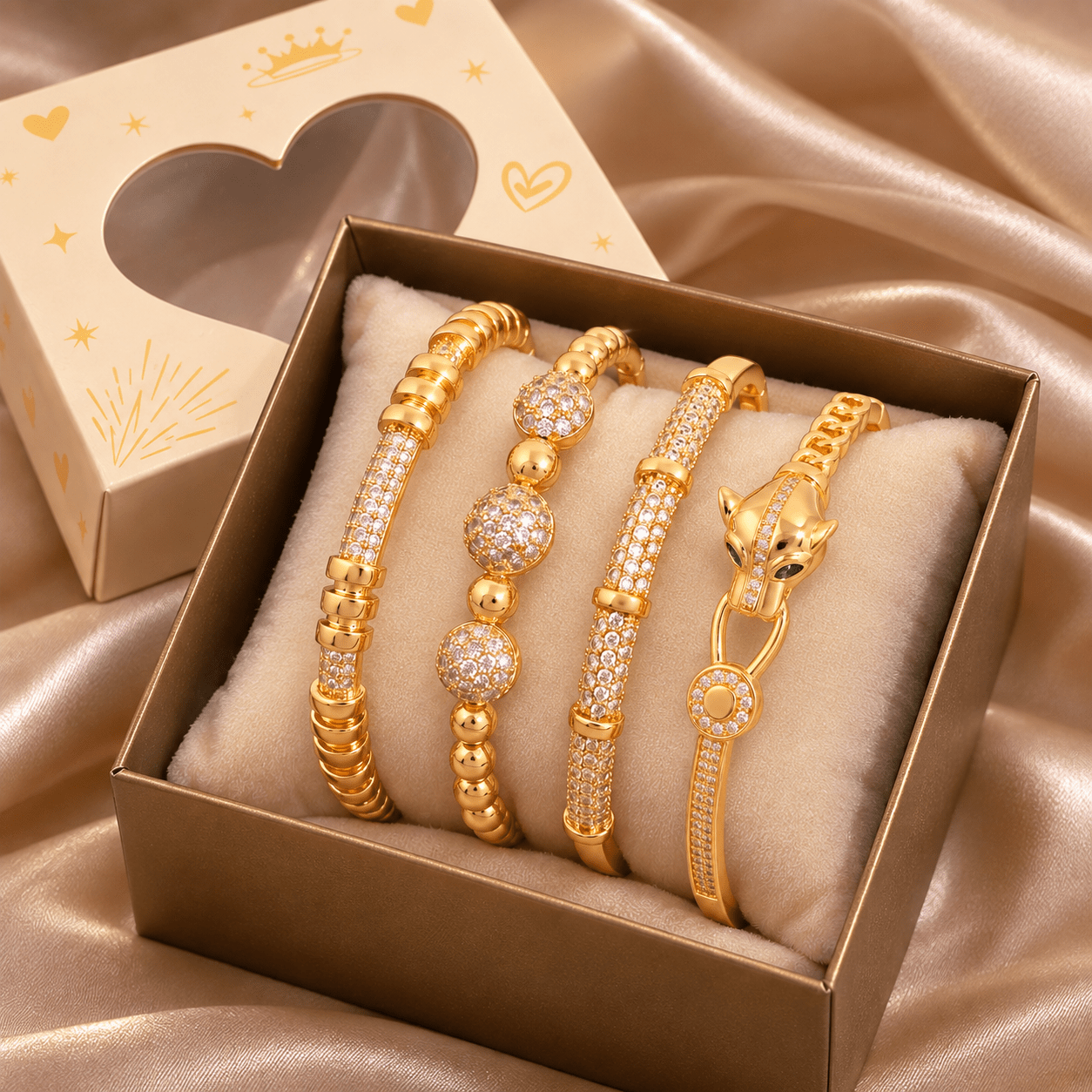 Trendy Women's 4pc Bracelet Set, Leopard Head Design
